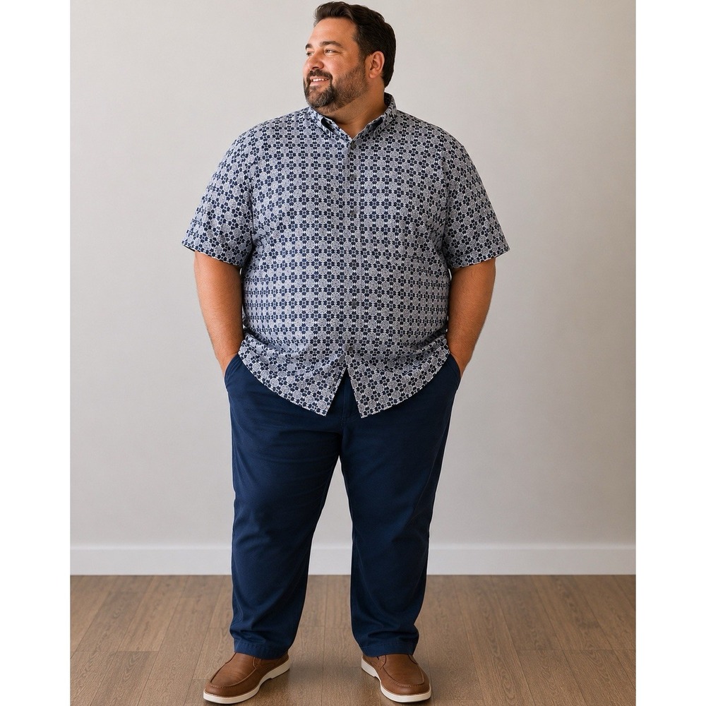 Roundtree & Yorke Blue/Gray Geometric Modal Blend Short Sleeve Button-Up 2XB